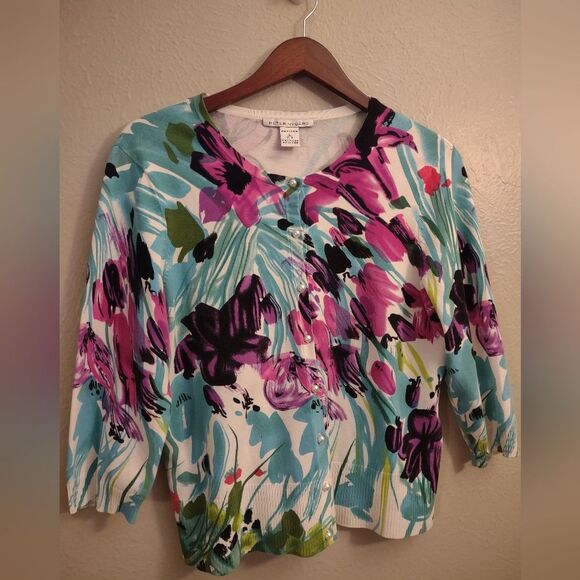 Peter Nygard Floral Print Pearl Button Cardigan - Picture 2 of 13